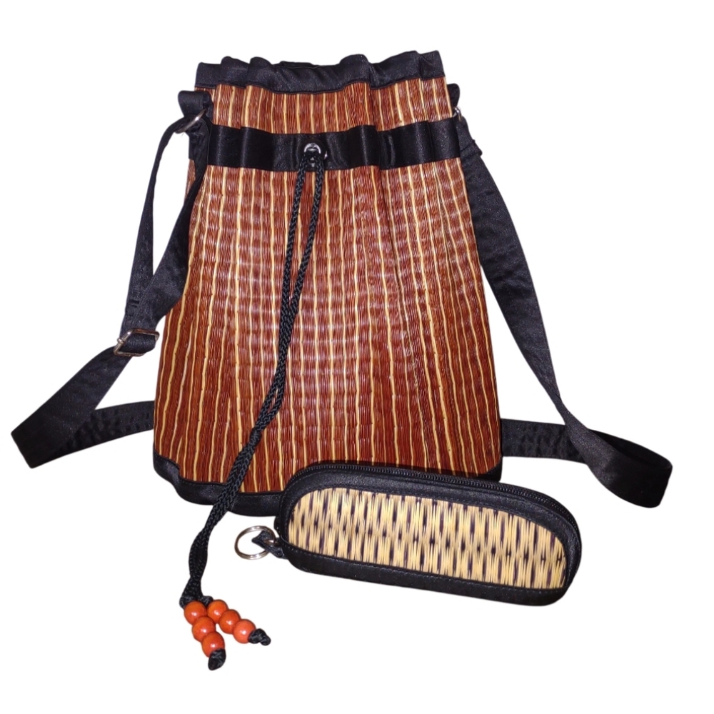 Baskets of Cambodia "Tatami Style" Crossbody Drawstring Bucket Bag Purse